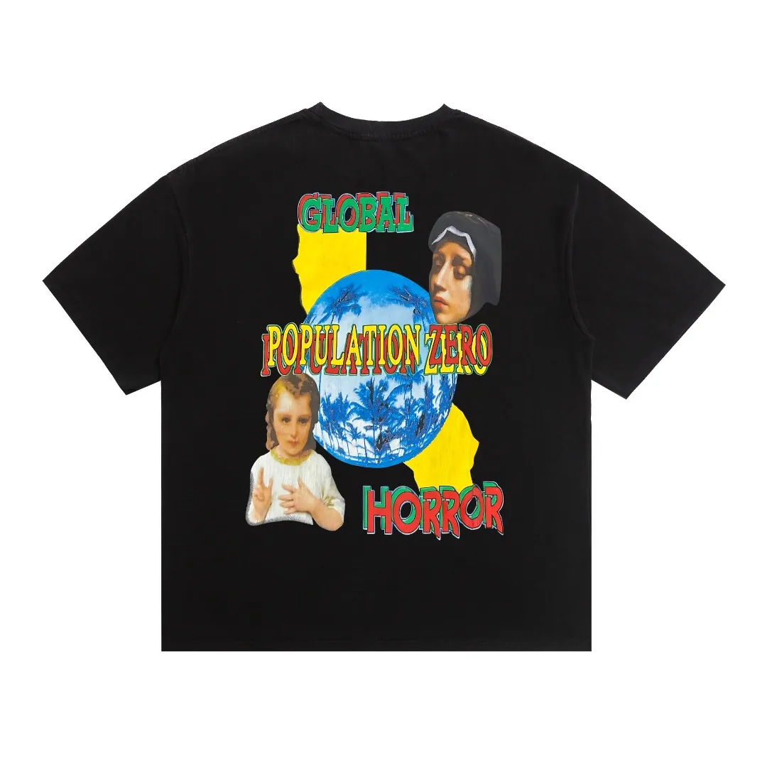 American-style Saint Michael Virgin and Child Earth retro printed washed and distressed short-sleeved men's and women's T-shirts. Digital white ink direct injection. The fabric is breathable and the pattern is three-dimensional and clear. Fabric: Double yarn 240g Style number: S898 Size: S-M-L-XL Color: Black Price: P118
